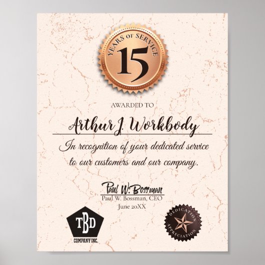 Aged stone gold employee anniversary certificate poster (Vorne)