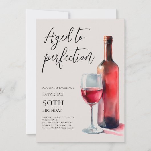 Aged to Perfection Red Wine 50th Birthday Party Einladung (Vorderseite)