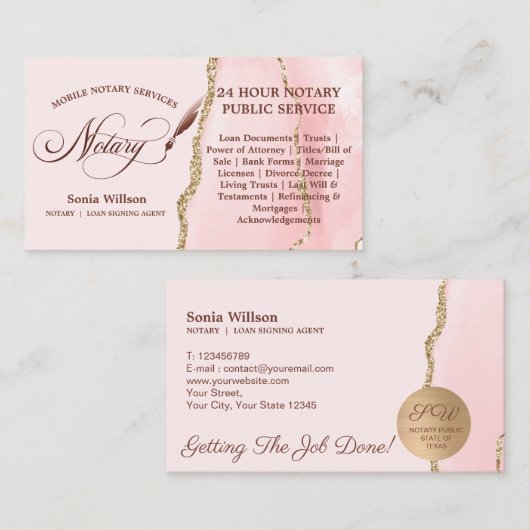 Agent für Notare und Darlehensunterschriften Rosa Visitenkarte (Vorne/Hinten)