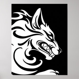 Aggressiver White and Black Tribal Wolf Poster