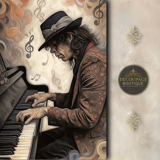 Aging Pianist With Swirling Notes Decoupage Seidenpapier