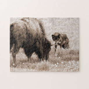 Agressiver Bison und schwarzer Wolf Puzzle