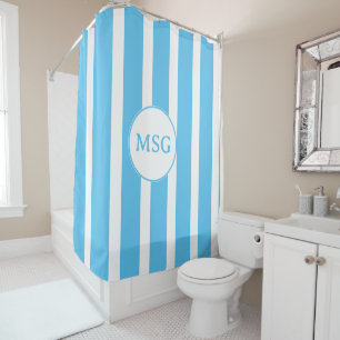 Agua Blau und Weiß Cabana Streifen Monogramm Duschvorhang