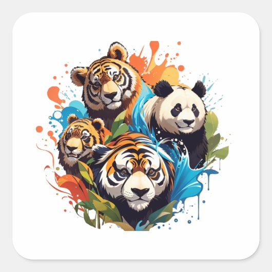 Agua tiger Leo panda urso splash Quadratischer Aufkleber (Vorderseite)