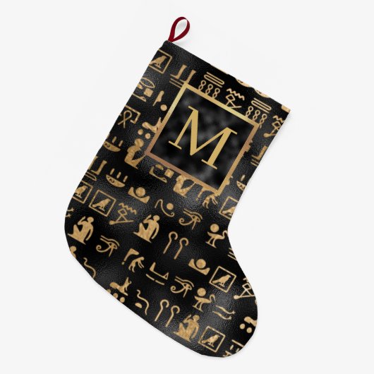 Ägyptisch-goldene Hieroglyphen auf schwarzem Monog Großer Weihnachtsstrumpf (Vorderansicht (hängend))