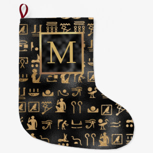 Ägyptisch-goldene Hieroglyphen auf schwarzem Monog Großer Weihnachtsstrumpf