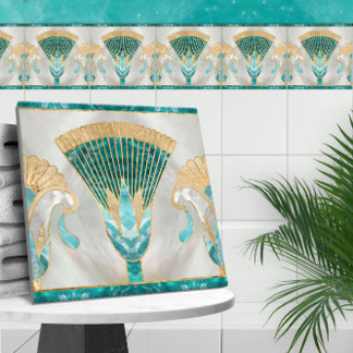 Ägyptische Blumengrenze - Aquamarine und Gold Fliese