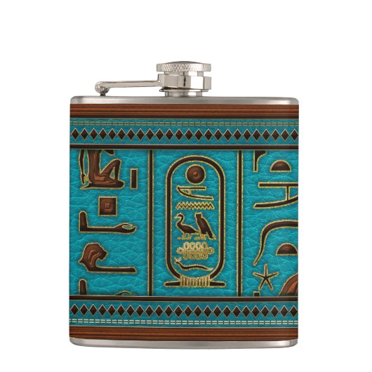 Ägyptische Goldene Lederhieroglyphen auf aquamarin Flachmann (Vorderseite)