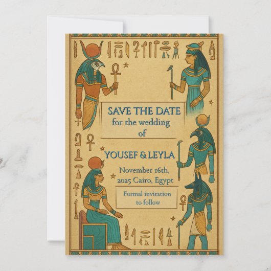 Ägyptische Götter Hieroglyph Gold Save the Date (Vorderseite)