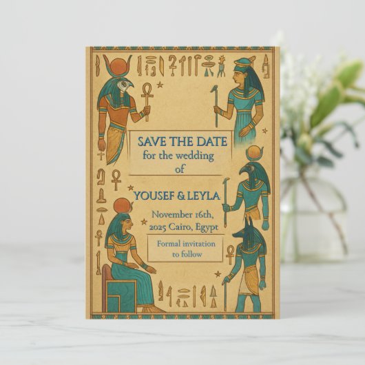 Ägyptische Götter Hieroglyph Gold Save the Date (Stehend Vorderseite)