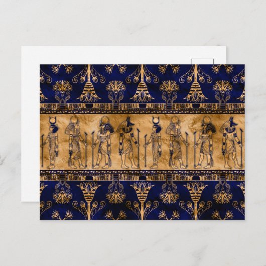 Ägyptische Götter und Ziergrenze - blaues Gold Postkarte (Vorne/Hinten)