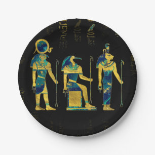 Ägyptische Gottheiten auf Hieroglyphen Gold und Pappteller