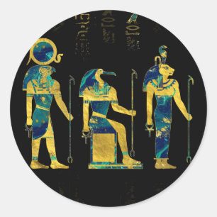 Ägyptische Gottheiten auf Hieroglyphen Gold und Runder Aufkleber