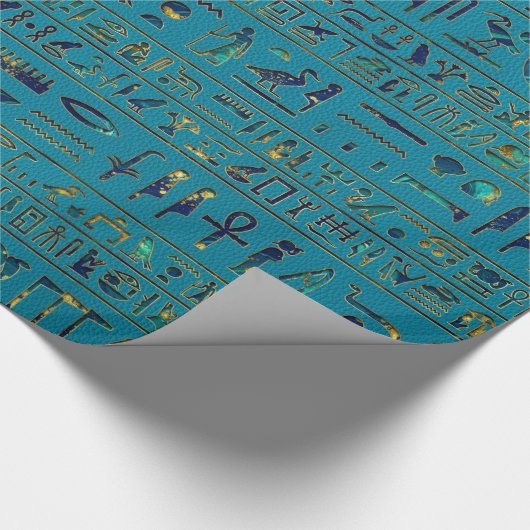 Ägyptische Hieroglyphen auf aquamariner lederner Geschenkpapier (Ecke)