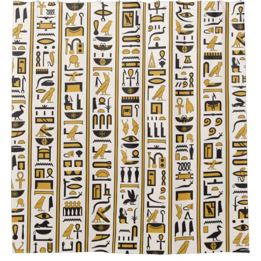 Ägyptische Hieroglyphen: Gelb-Schwarz Nahtlos. Duschvorhang (Vorderseite)