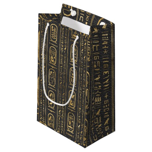 Ägyptische Hieroglyphen Gold auf Leder Kleine Geschenktüte (Vorderseite Schrägansicht)