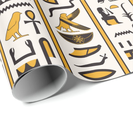 Ägyptische Hieroglyphen in gelb-schwarzer Farbe na Geschenkpapier (Rolleneckpunkt)