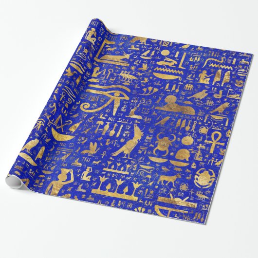 Ägyptische Hieroglyphen - Lapis Lazuli und Gold Geschenkpapier (Ungerollt)