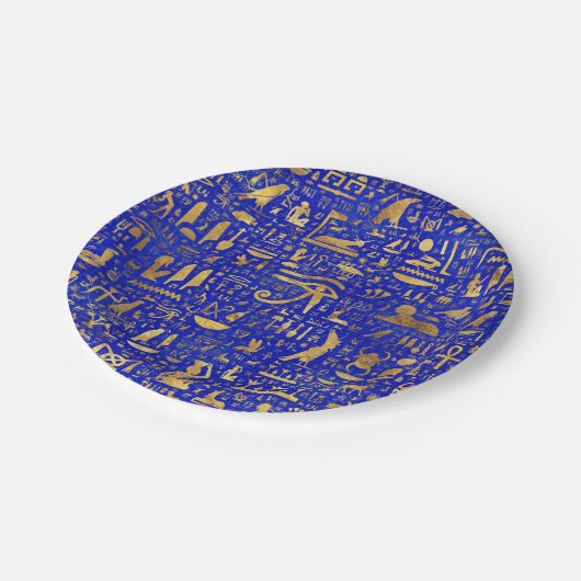 Ägyptische Hieroglyphen - Lapis Lazuli und Gold Pappteller (Schrägansicht)