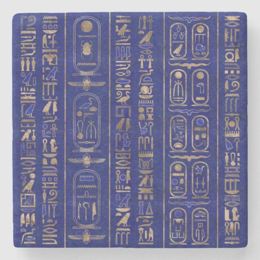 Ägyptische Hieroglyphen-Muster Gold Lapis Lazuli Steinuntersetzer (Vorderseite)