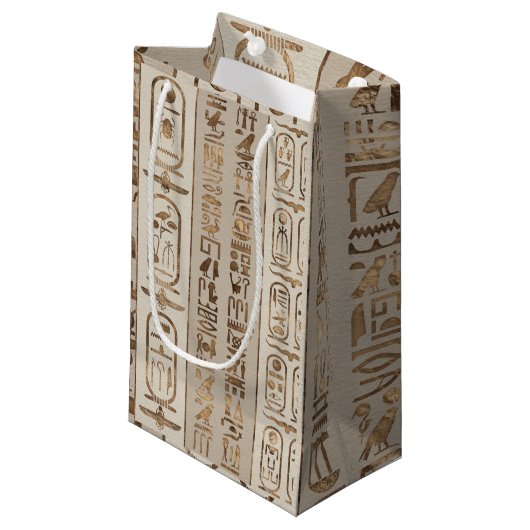 Ägyptische Hieroglyphen Pastell Gold Kleine Geschenktüte (Vorderseite Schrägansicht)