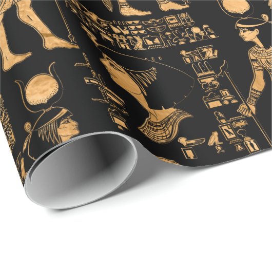 Ägyptische Hieroglyphen und Götter, Gold und Schwa Geschenkpapier (Rolleneckpunkt)