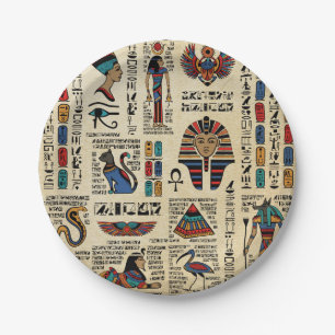 Ägyptische Hieroglyphen und Gottheiten auf Papyru Pappteller