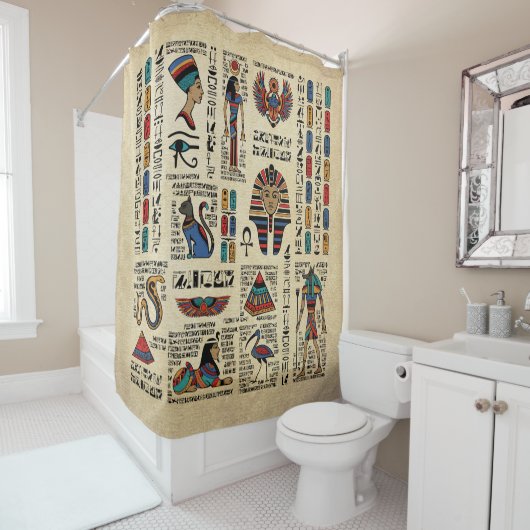 Ägyptische Hieroglyphen und Gottheiten auf Papyrus Duschvorhang (Beispiel)