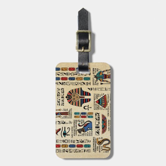 Ägyptische Hieroglyphen und Gottheiten auf Papyrus Gepäckanhänger (Vorderseite vertikal)