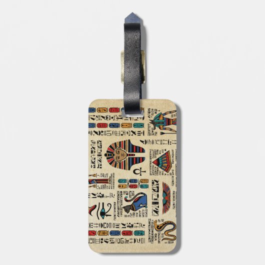 Ägyptische Hieroglyphen und Gottheiten auf Papyrus Gepäckanhänger (Rückseite vertikal)