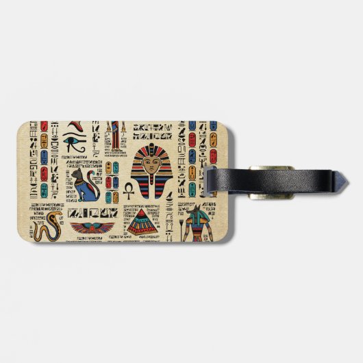 Ägyptische Hieroglyphen und Gottheiten auf Papyrus Gepäckanhänger (Rückseite horizontal)