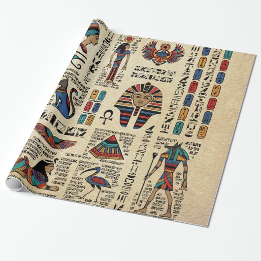 Ägyptische Hieroglyphen und Gottheiten auf Papyrus Geschenkpapier (Ungerollt)