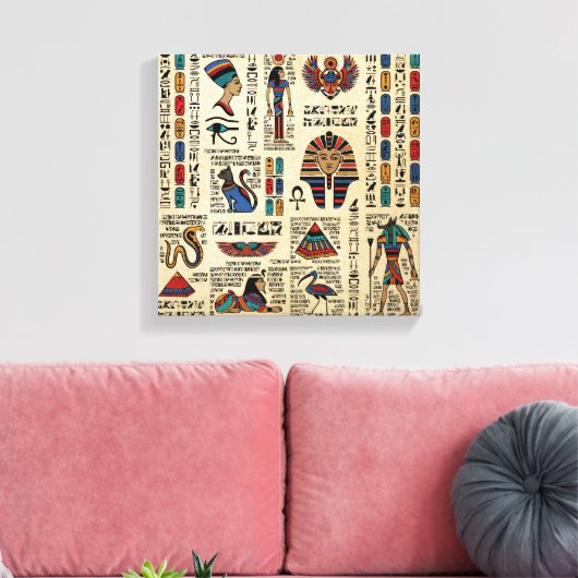 Ägyptische Hieroglyphen und Gottheiten auf Papyrus Leinwanddruck (Insitu (Wohnzimmer))