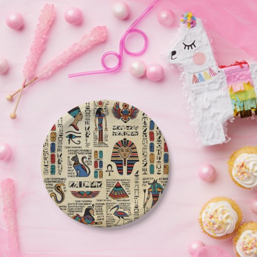 Ägyptische Hieroglyphen und Gottheiten auf Papyrus Pappteller (Party)