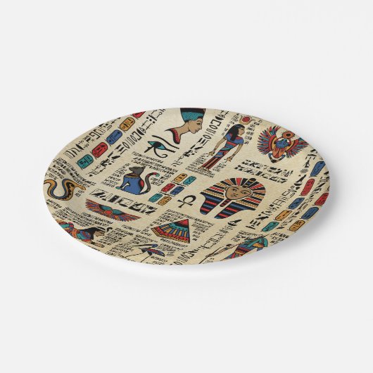 Ägyptische Hieroglyphen und Gottheiten auf Papyrus Pappteller (Schrägansicht)
