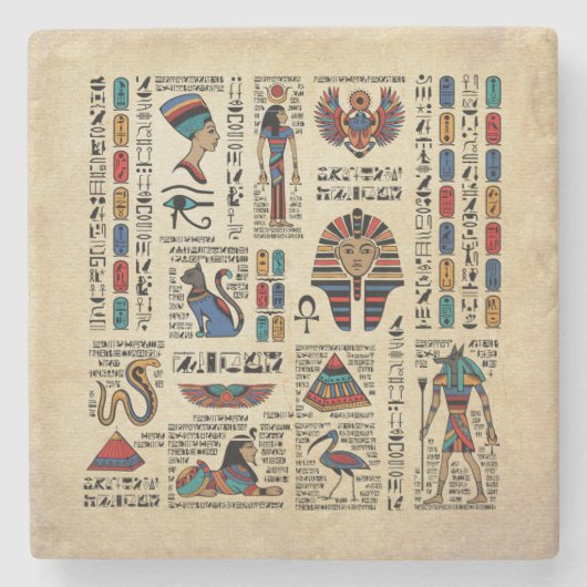 Ägyptische Hieroglyphen und Gottheiten auf Papyrus Steinuntersetzer (Vorderseite)