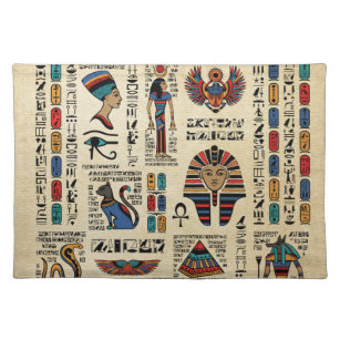 Ägyptische Hieroglyphen und Gottheiten auf Papyrus Stofftischset