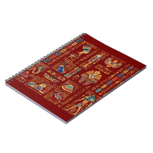 Ägyptische Hieroglyphen und Gottheiten auf rot Notizblock (Linke Seite)