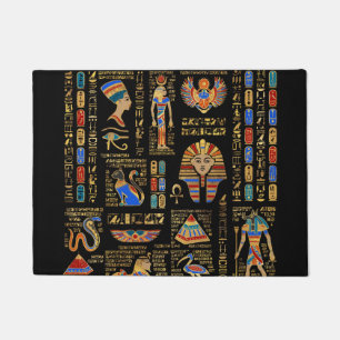 Ägyptische Hieroglyphen und Gottheiten auf schwar Fußmatte