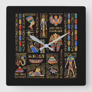 Ägyptische Hieroglyphen und Gottheiten auf schwar Quadratische Wanduhr
