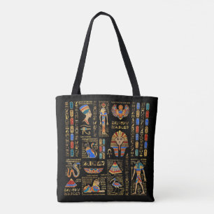 Ägyptische Hieroglyphen und Gottheiten auf schwar Tasche