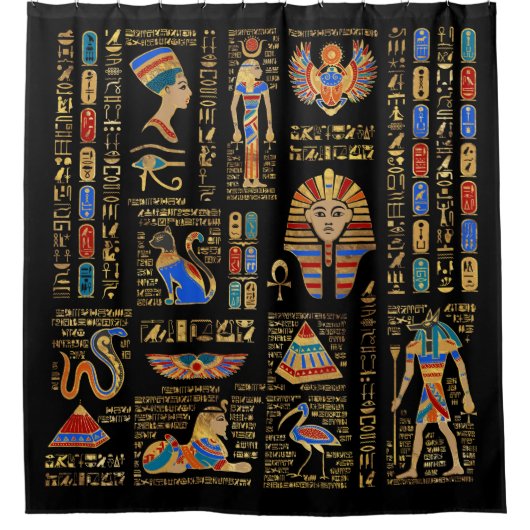 Ägyptische Hieroglyphen und Gottheiten auf schwarz Duschvorhang (Vorderseite)