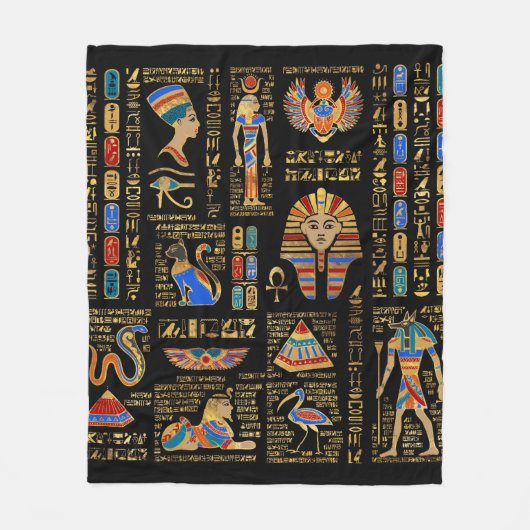 Ägyptische Hieroglyphen und Gottheiten auf schwarz Fleecedecke (Vorderseite)