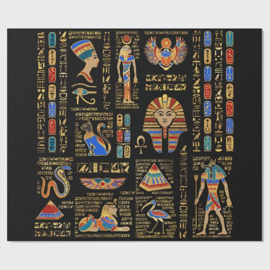 Ägyptische Hieroglyphen und Gottheiten auf schwarz Geschenkpapier (Flach)