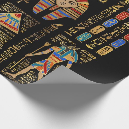 Ägyptische Hieroglyphen und Gottheiten auf schwarz Geschenkpapier (Ecke)