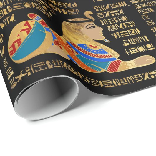 Ägyptische Hieroglyphen und Gottheiten auf schwarz Geschenkpapier (Rolleneckpunkt)