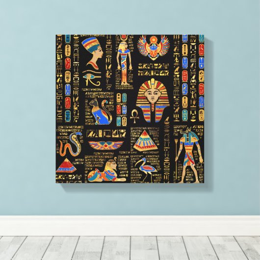 Ägyptische Hieroglyphen und Gottheiten auf schwarz Leinwanddruck (Insitu (Holzboden))