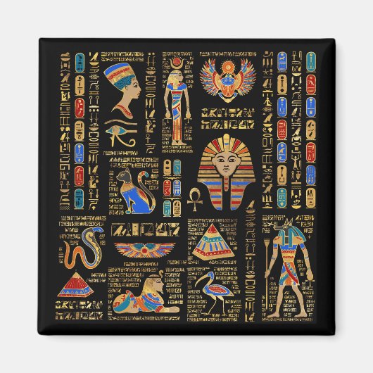 Ägyptische Hieroglyphen und Gottheiten auf schwarz Magnet (Vorne)