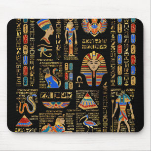 Ägyptische Hieroglyphen und Gottheiten auf schwarz Mousepad