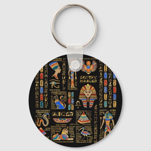 Ägyptische Hieroglyphen und Gottheiten auf schwarz Schlüsselanhänger (Vorderseite)